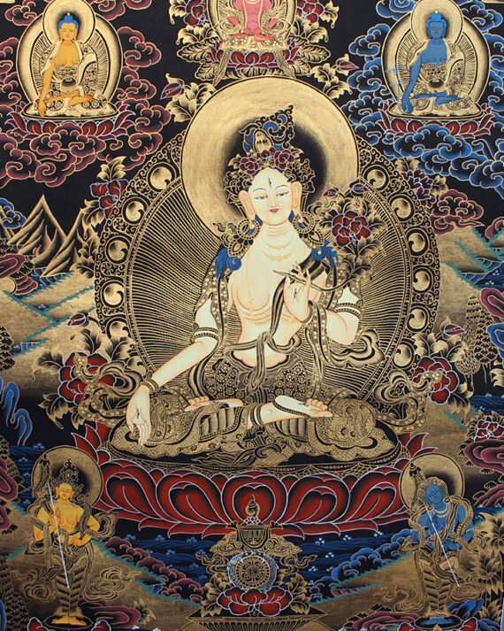 White Tara Thangka Painting with Blue Border 69x54 CM