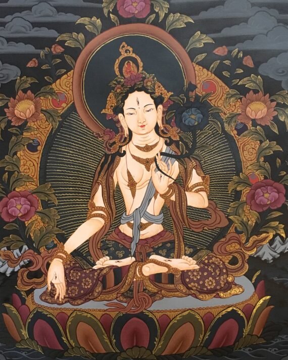 White Tara Thangka on a Black Canvas 55x40cm NTH61