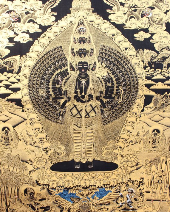 Tibetan Avalokiteshvara Gold Toned Thanka Paintings